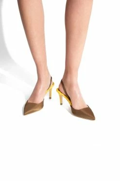 AERA Shoes Gabriella Pointed-Toe Vegan Satin Slingback Sandals | Mustard