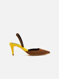 AERA Shoes Gabriella Pointed-Toe Vegan Satin Slingback Sandals | Mustard