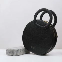 Alkeme Atelier Earth Piñatex Vegan Leather Round Crossbody Bag | Black Bags