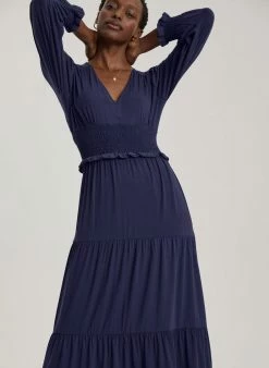 Baukjen Airin Smocked Waist LENZING™ ECOVERO™ Jersey Midi Dress | Midnight Blue Clothing