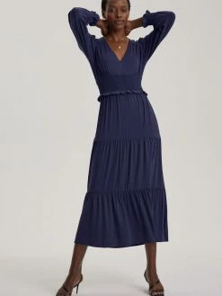 Baukjen Airin Smocked Waist LENZING™ ECOVERO™ Jersey Midi Dress | Midnight Blue Clothing