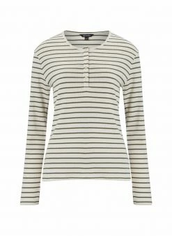 Clothing Baukjen Essentials Striped Organic Cotton Long-Sleeve Henley Top | Antique White & Light Khaki