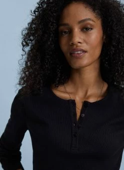Clothing Baukjen Essentials Organic Cotton Long-Sleeve Henley Top | Caviar Black