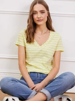 Clothing Baukjen Essentials Striped Organic Cotton Slub T-Shirt | Pure White & Citrus