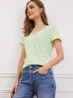 Clothing Baukjen Essentials Striped Organic Cotton Slub T-Shirt | Pure White & Leaf Green