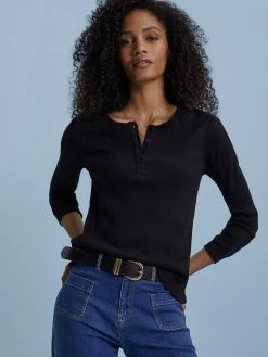 Clothing Baukjen Essentials Organic Cotton Long-Sleeve Henley Top | Caviar Black