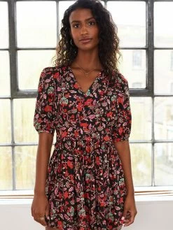 Baukjen Cosette V-Neck LENZINGâ„¢ ECOVEROâ„¢ Floral Mini Dress | Black Como Print