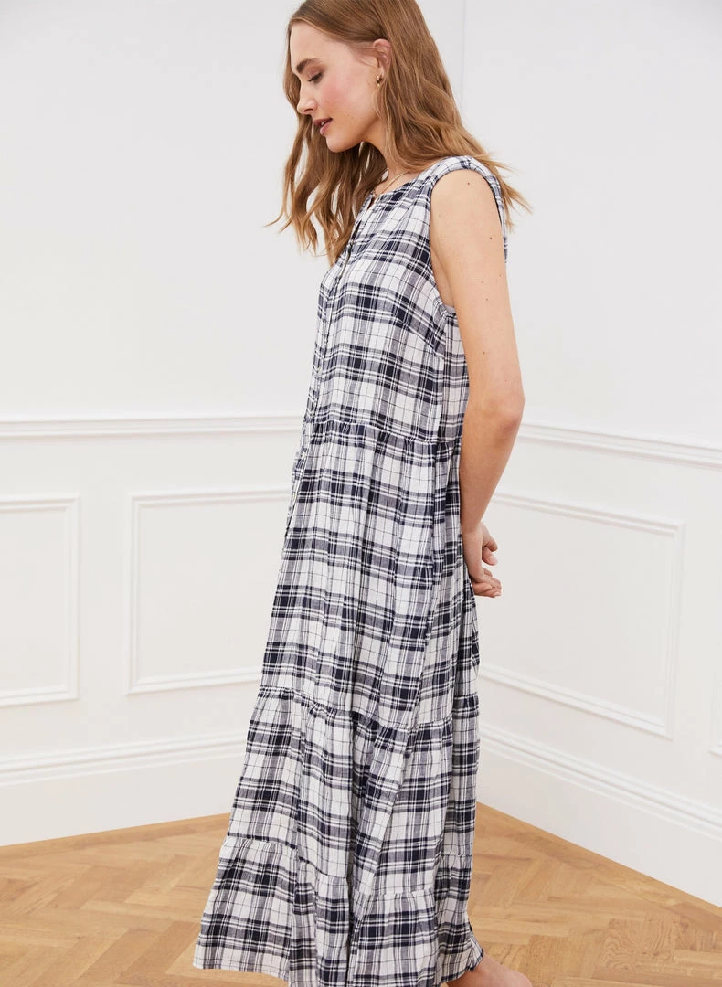 Baukjen Esther Checked Linen Tiered Midi Dress | Navy & Soft White Clothing 4 Baukjen Esther Checked Linen Tiered Midi Dress | Navy & Soft White Clothing
