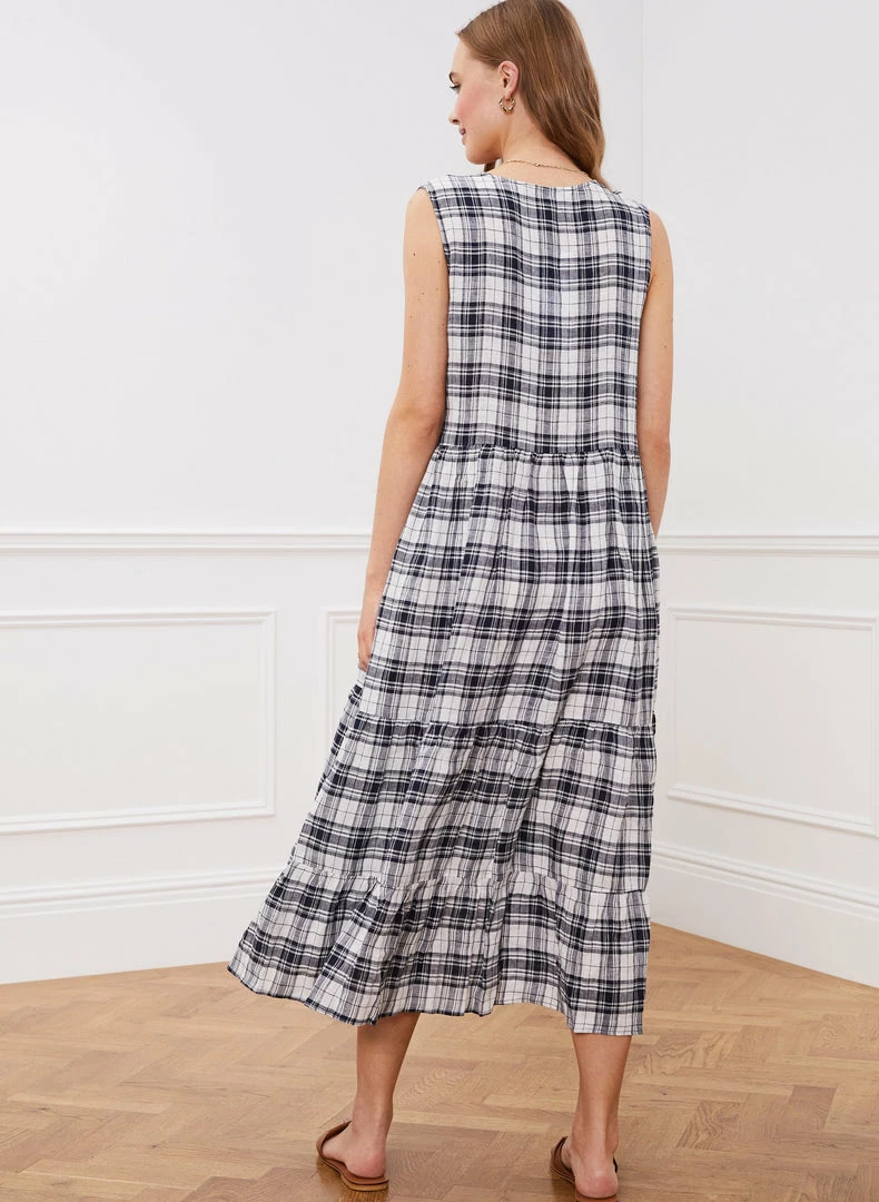 Baukjen Esther Checked Linen Tiered Midi Dress | Navy & Soft White Clothing 5 Baukjen Esther Checked Linen Tiered Midi Dress | Navy & Soft White Clothing
