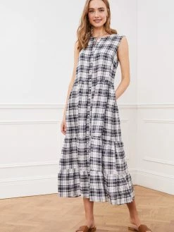 Baukjen Esther Checked Linen Tiered Midi Dress | Navy & Soft White Clothing