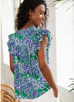 Baukjen Everly Positano Print LENZING™ ECOVERO™ Frilled Top | Green & Blue