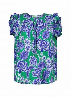 Baukjen Everly Positano Print LENZING™ ECOVERO™ Frilled Top | Green & Blue
