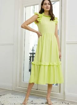 Baukjen Clothing Farrah Ruffled Shoulder TENCEL™ Vegan Silk Midi Dress | Citrus