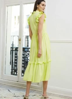 Baukjen Clothing Farrah Ruffled Shoulder TENCEL™ Vegan Silk Midi Dress | Citrus