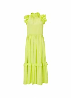 Baukjen Clothing Farrah Ruffled Shoulder TENCEL™ Vegan Silk Midi Dress | Citrus