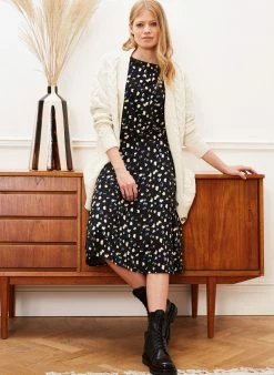 Baukjen Irene Baloon Sleeve LENZING™ ECOVERO™ Printed Midi Dress | Black Brush Spot Clothing