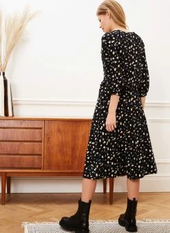 Baukjen Irene Baloon Sleeve LENZING™ ECOVERO™ Printed Midi Dress | Black Brush Spot Clothing