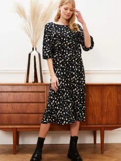 Baukjen Irene Baloon Sleeve LENZINGâ„¢ ECOVEROâ„¢ Printed Midi Dress | Black Brush Spot Clothing