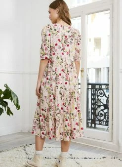 Baukjen Jessica Floral Print LENZING™ ECOVERO™ Tiered Midi Dress | Pink Meadow