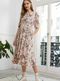 Baukjen Jessica Floral Print LENZING™ ECOVERO™ Tiered Midi Dress | Pink Meadow