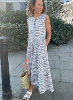 Baukjen Kathleen Sleeveless Organic Cotton Poplin Midi Dress | White Woodblock Print