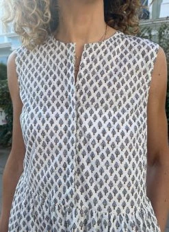 Baukjen Kathleen Sleeveless Organic Cotton Poplin Midi Dress | White Woodblock Print