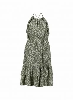 Baukjen Kayla Tie Waist Organic Cotton Halterneck Dress | Khaki Woodland Floral Clothing