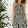Baukjen Kayla Tie Waist Organic Cotton Halterneck Dress | Khaki Woodland Floral Clothing