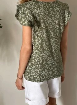 Baukjen Clothing Kayla Organic Cotton Frill Top | Khaki Woodland Floral