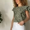 Baukjen Clothing Kayla Organic Cotton Frill Top | Khaki Woodland Floral