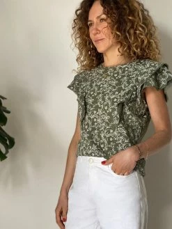 Baukjen Clothing Kayla Organic Cotton Frill Top | Khaki Woodland Floral