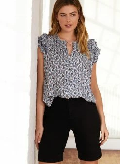 Baukjen Loulou LENZING™ ECOVERO™ Frilled Short Sleeve Blouse | White Stamp Print