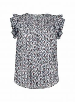 Baukjen Loulou LENZING™ ECOVERO™ Frilled Short Sleeve Blouse | White Stamp Print