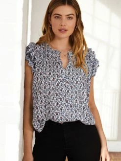 Baukjen Loulou LENZING™ ECOVERO™ Frilled Short Sleeve Blouse | White Stamp Print
