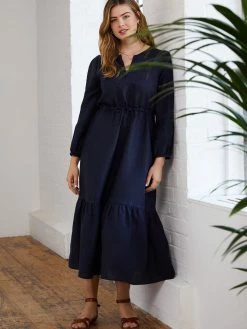 Baukjen Maxine Eco-Friendly Hemp Drawstring Midi Dress | Navy