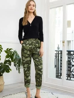 Baukjen Clothing Mirabell Organic Cotton Tapered Cargo Trousers | Khaki Camouflage Print