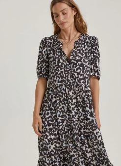 Baukjen Olivia Snow Leopard Print LENZING™ ECOVERO™ Midi Dress | Soft White Clothing