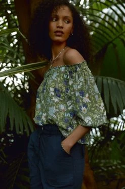 Baukjen Peggy Folk Floral Print LENZING™ ECOVERO™ Off-The-Shoulder Top | Khaki Clothing