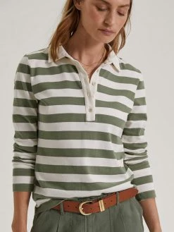 Baukjen Uneku Organic Cotton Jersey Stripe Polo Shirt | Antique White & Light Khaki Clothing