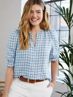 Baukjen Xanthe Gingham Linen Blouse | Blue & White