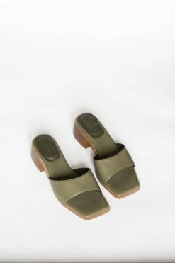 Collection And Co Pia Up-Cycled Vegan Leather Block Heel Mules | Olive Green Shoes