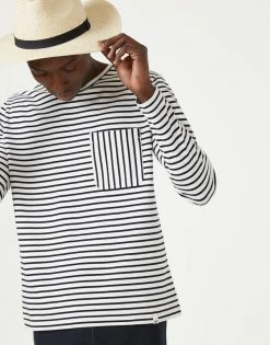 Cut & Pin Clothing Crew Neck Cotton Long Sleeve T-Shirt | Black & Ecru Stripe
