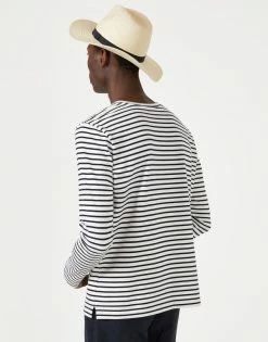 Cut & Pin Clothing Crew Neck Cotton Long Sleeve T-Shirt | Black & Ecru Stripe