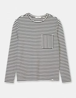 Cut & Pin Clothing Crew Neck Cotton Long Sleeve T-Shirt | Black & Ecru Stripe