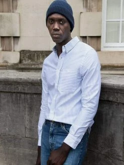 Cut & Pin Slim Fit Cotton Oxford Shirt | Navy Stripe