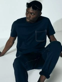 Cut & Pin Relaxed Fit Crew Neck Cotton T-shirt | Navy