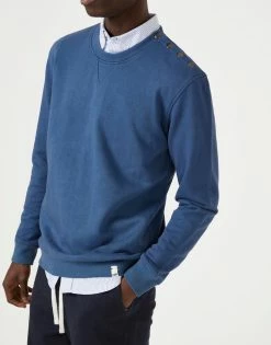 Cut & Pin Crew Neck Organic Cotton Popper Shoulder Sweatshirt | Deep Blue