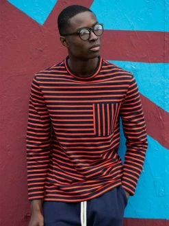 Cut & Pin Clothing Relaxed Fit Crew Neck Cotton Long Sleeve T-shirt | Navy & Red Stripe