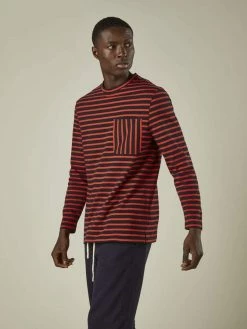 Cut & Pin Clothing Relaxed Fit Crew Neck Cotton Long Sleeve T-shirt | Navy & Red Stripe
