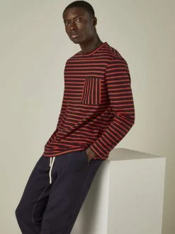 Cut & Pin Clothing Relaxed Fit Crew Neck Cotton Long Sleeve T-shirt | Navy & Red Stripe